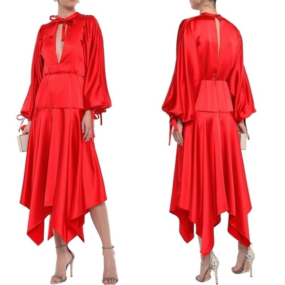 Self-Portrait Asymmetric Cutout Satin Peplum Midi Dress - Picture 1 of 14